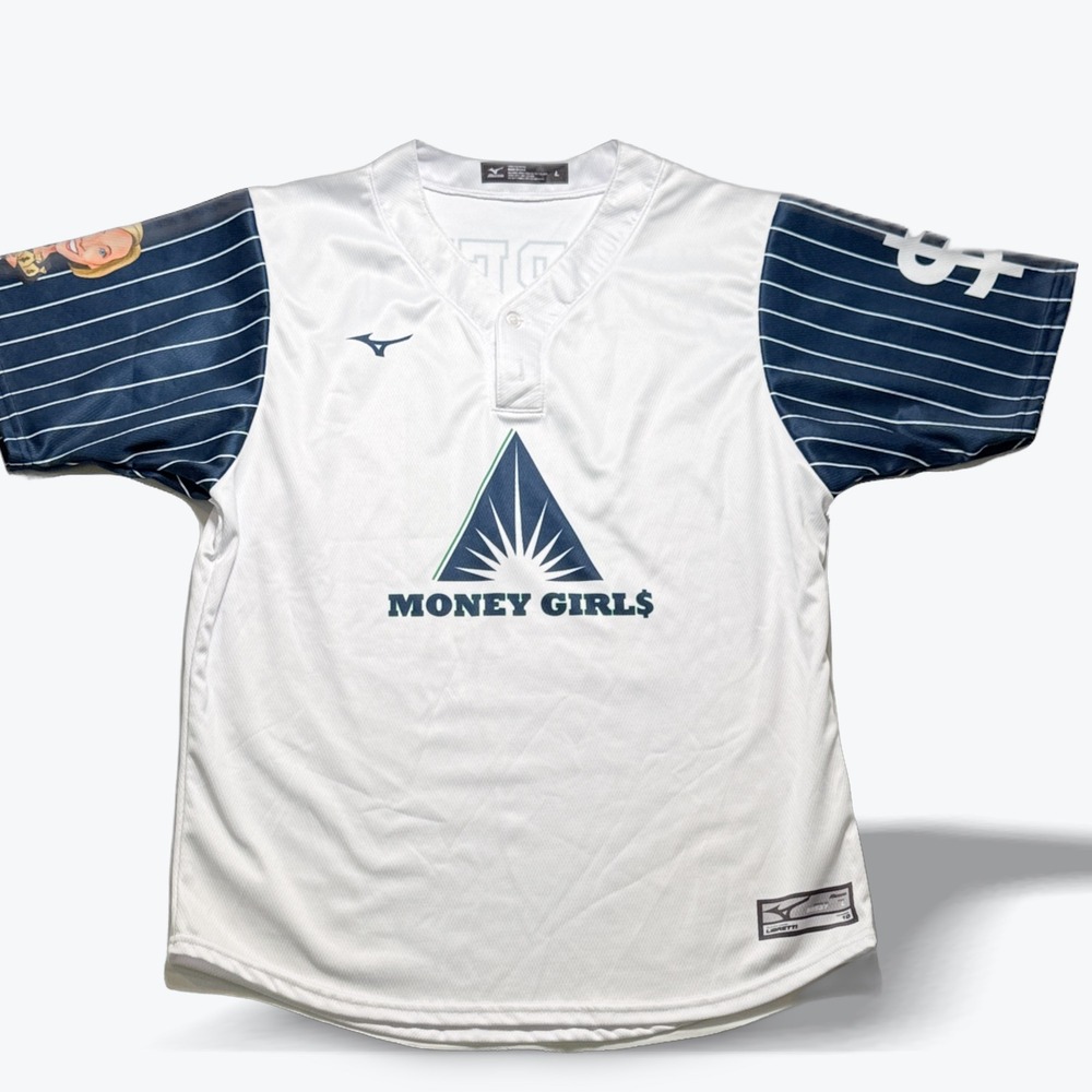 Mizuno Mens Money Girls Baseball Jersey White Navy Libretti 10 Size L USA Made